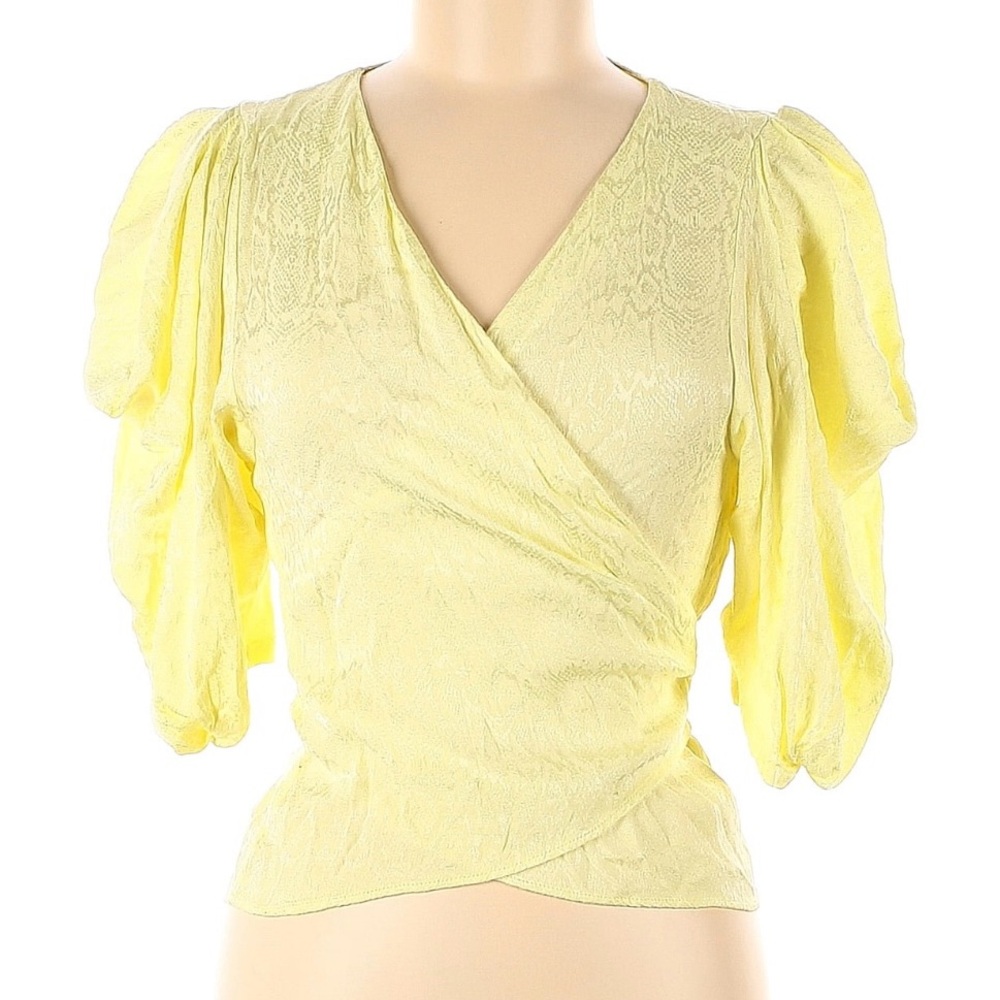 Yellow Ruffled Wrap Blouse with Puff Sleeves